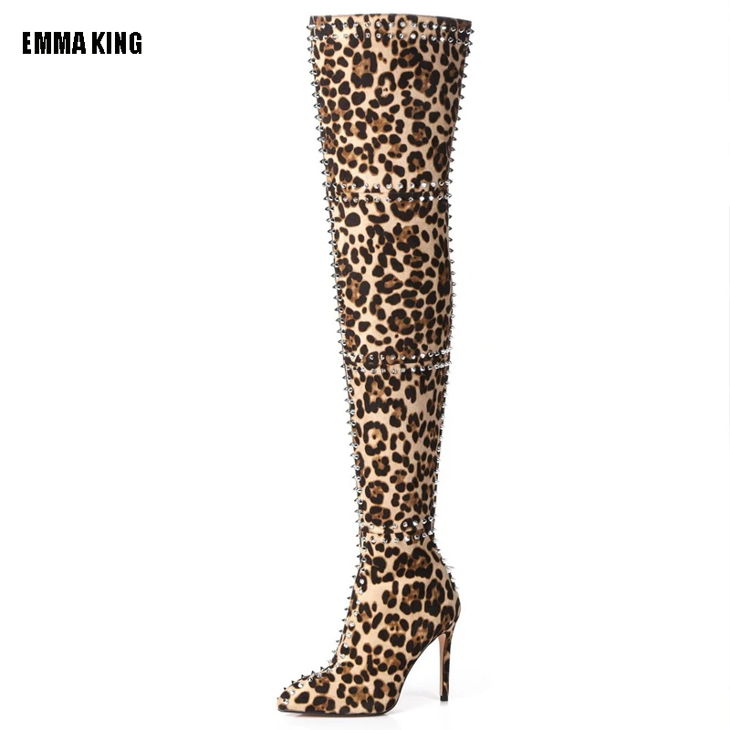 

2022 Women Over The Knee Boots Lady 12cm High Heels Sexy Leopard Long Thigh Booties Winter Fetish Stripper Nightclub Shoes 44