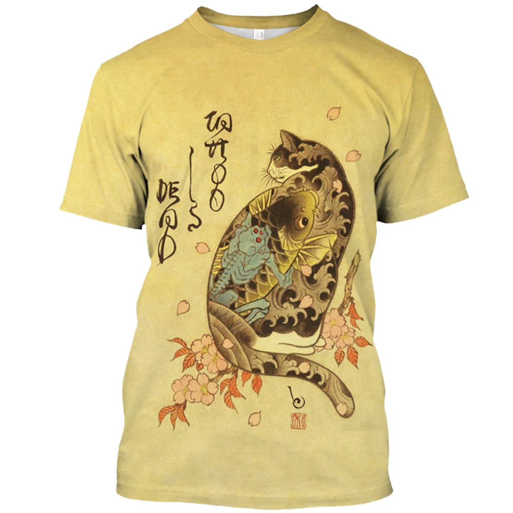 Japan Samurai Cat Graphic T Shirts Cool Classic Art Style Men's and Women's Printing Tees Fashion O-neck Short Sleeve Loose Tops