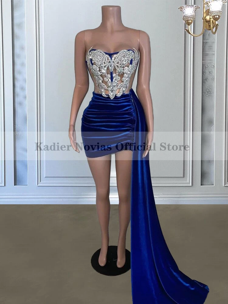 

Women's Sexy Royal Blue Short Prom Dresses 2022 for Black Grils Velvet Beaded Party Cocktail Dress With Long Train