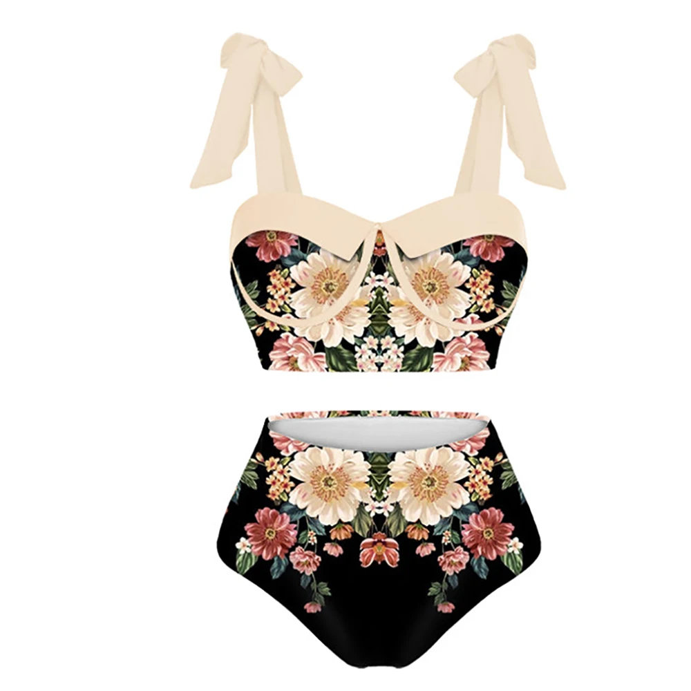 Chic Printed Panel Bikinis Fashion One Piece Swimsuit and Coverup Separate Bandeau High Waist Swimwear Women's Bathing Suit Slim