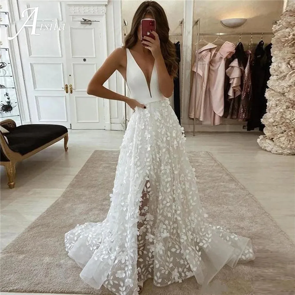 

Sexy V-neck Bridal Gown With 3D Flower Design Boho A-line Wedding Dresses Sexy Side Spit Vestido De Noiva Wedding Gown