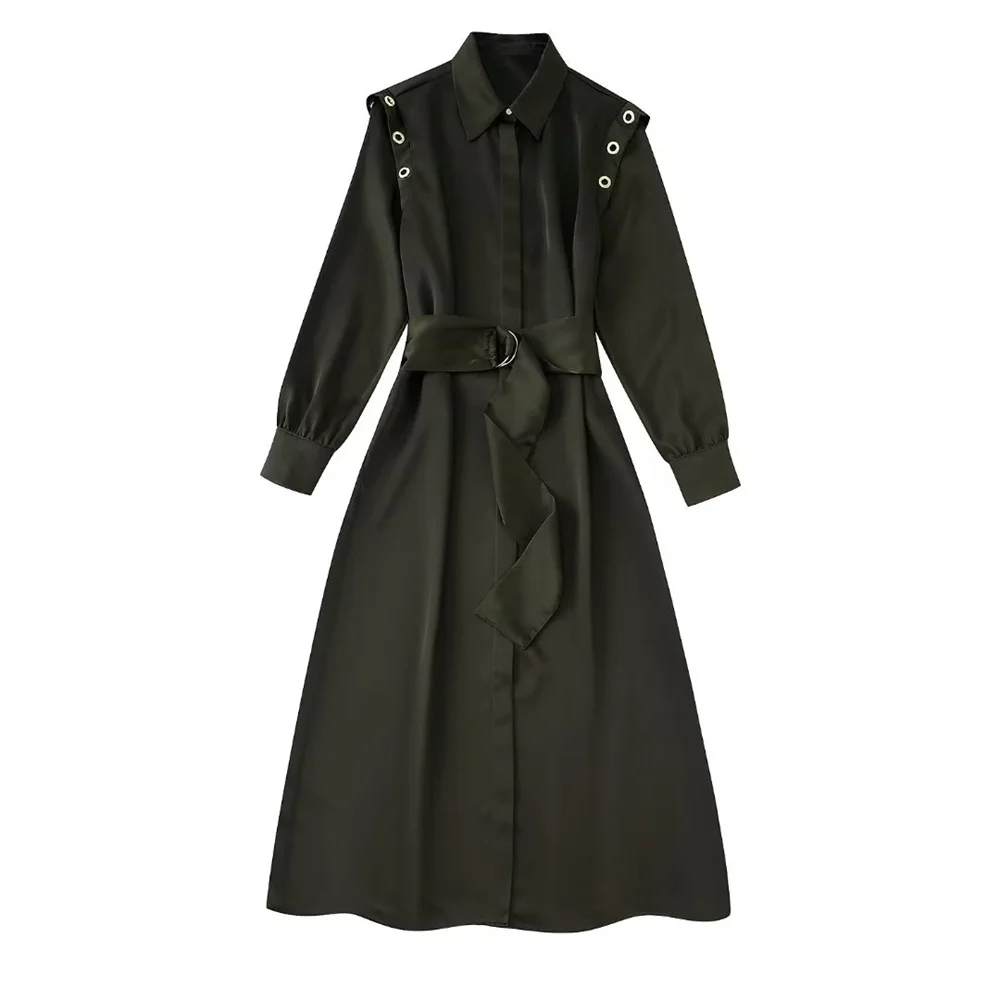 

PB&ZA 2022 Autumn New Women's Clothing Lapel Long-sleeved Belt Decorated Shirt-style Silk Satin Texture Dress 7484121