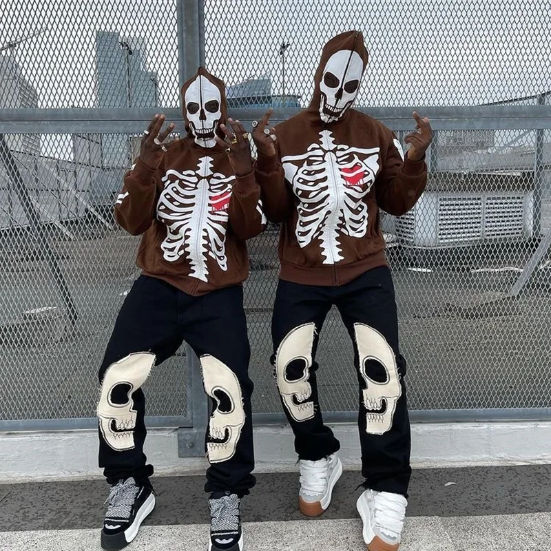 

Men's Y2K Style Skeleton Print Sweater Couple 2022 Autumn / Winter New Long-sleeved Skull Full Zip Up Hoodies