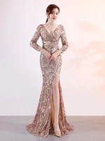 sexy backless v neck long sleeve evening dress split floor length formal occastion women vestidoes sequin embroider party robes