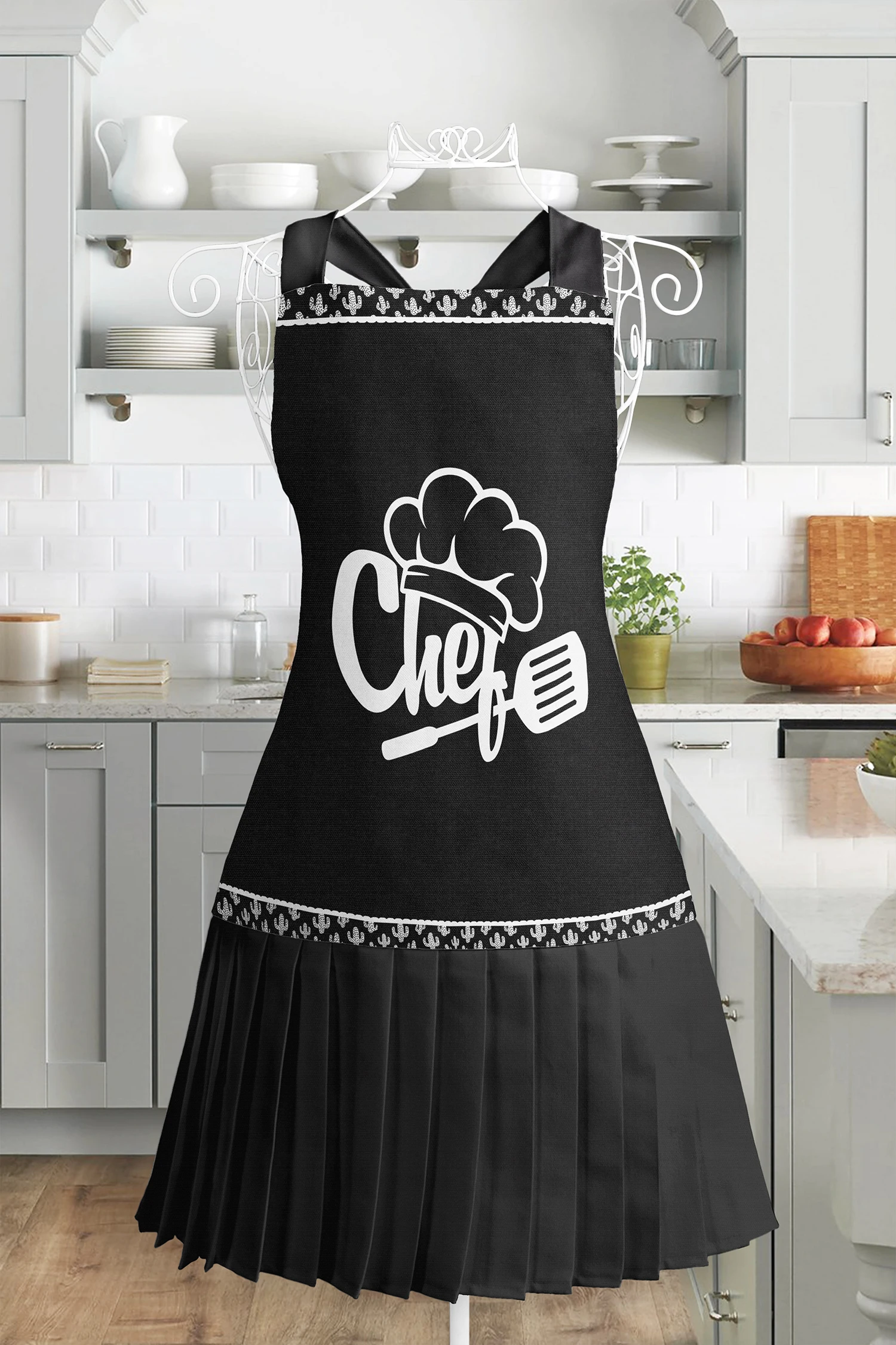 

Chef Written Kitchen Apron – Special Design Chef Hat Motif Hanging Dish Cook Stain Resistant Digital Printed Apron