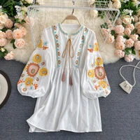 clothland women sweet floral embroidery mini dress lantern sleeve o neck tassel red white casual chic long tops vestido qb250