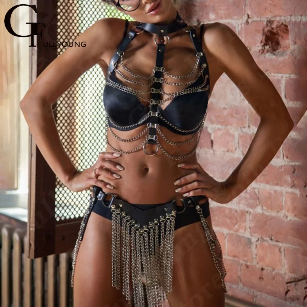 Women Punk Lingerie Harness Bdsm Sexy Leather Bra Garter Belt Full Body Chain Bondage Cage Top Suspenders Harajuku Fetish Straps