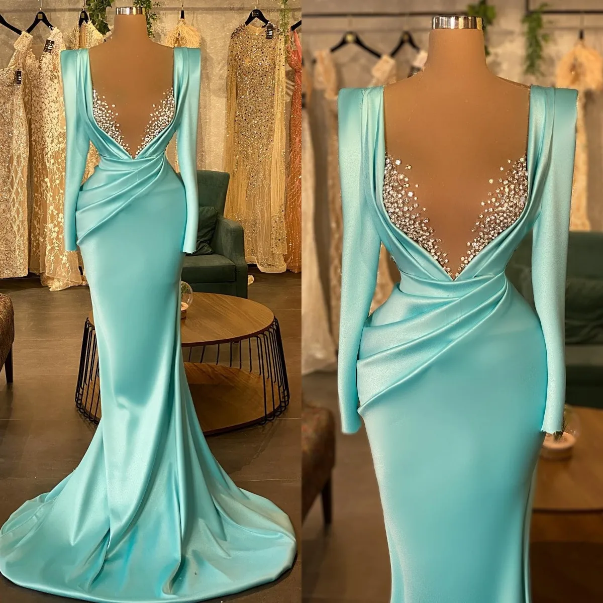 

Elegant Beading Mermaid Prom Dresses Long Sleeve Sheer V Neck Satin Women Gowns Vintage Sweep Train Formal Evening Dress