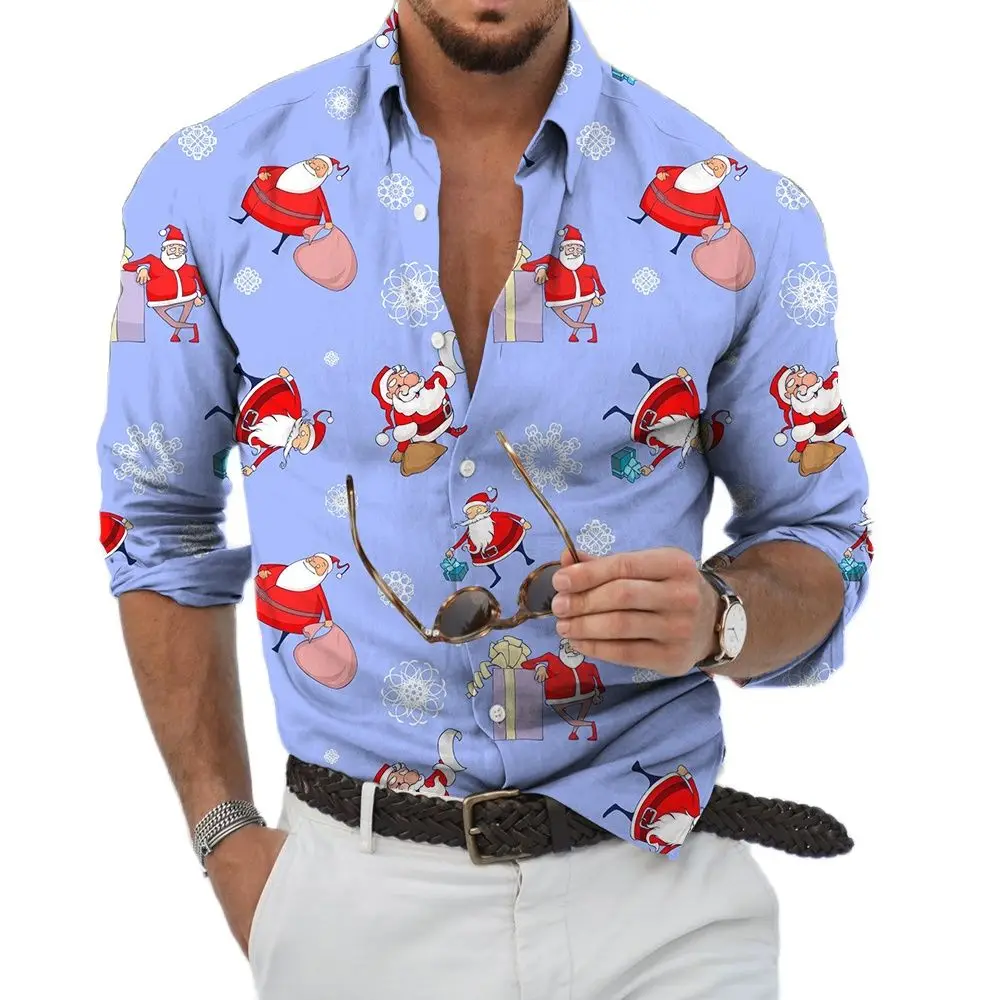 2022 Christmas Shirt Men's 3D Print Holiday Party Long Sleeve Single breasted Shirt Oversized T-shirt Harajuku Clothing S-6XL