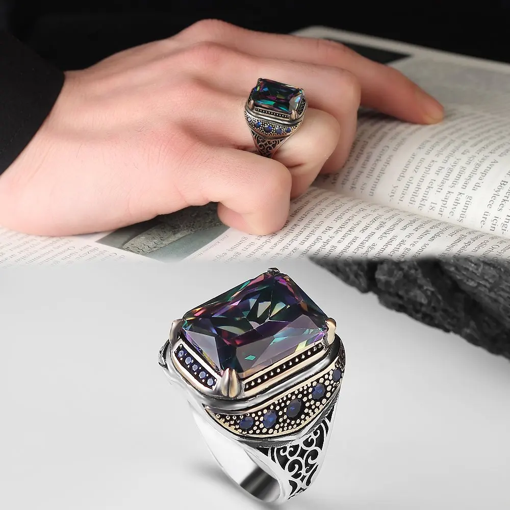 Modern Style Real Pure Sterling Silver Ring 925 For Men Natural Alexandrite Stone Patterned Turkish Jewelry All Sizes
