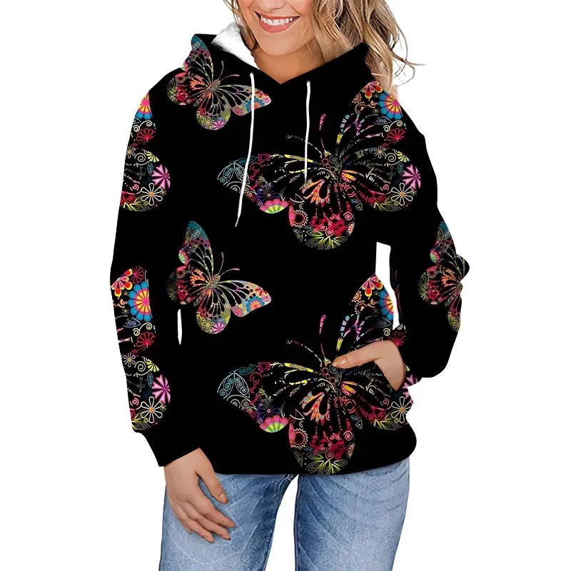 

Casual Women Fashion T-Shirts Butterfly Print Hooded Pullover High Street Oversize Hoodies Women Clothing Loose Long Sleeve Tops