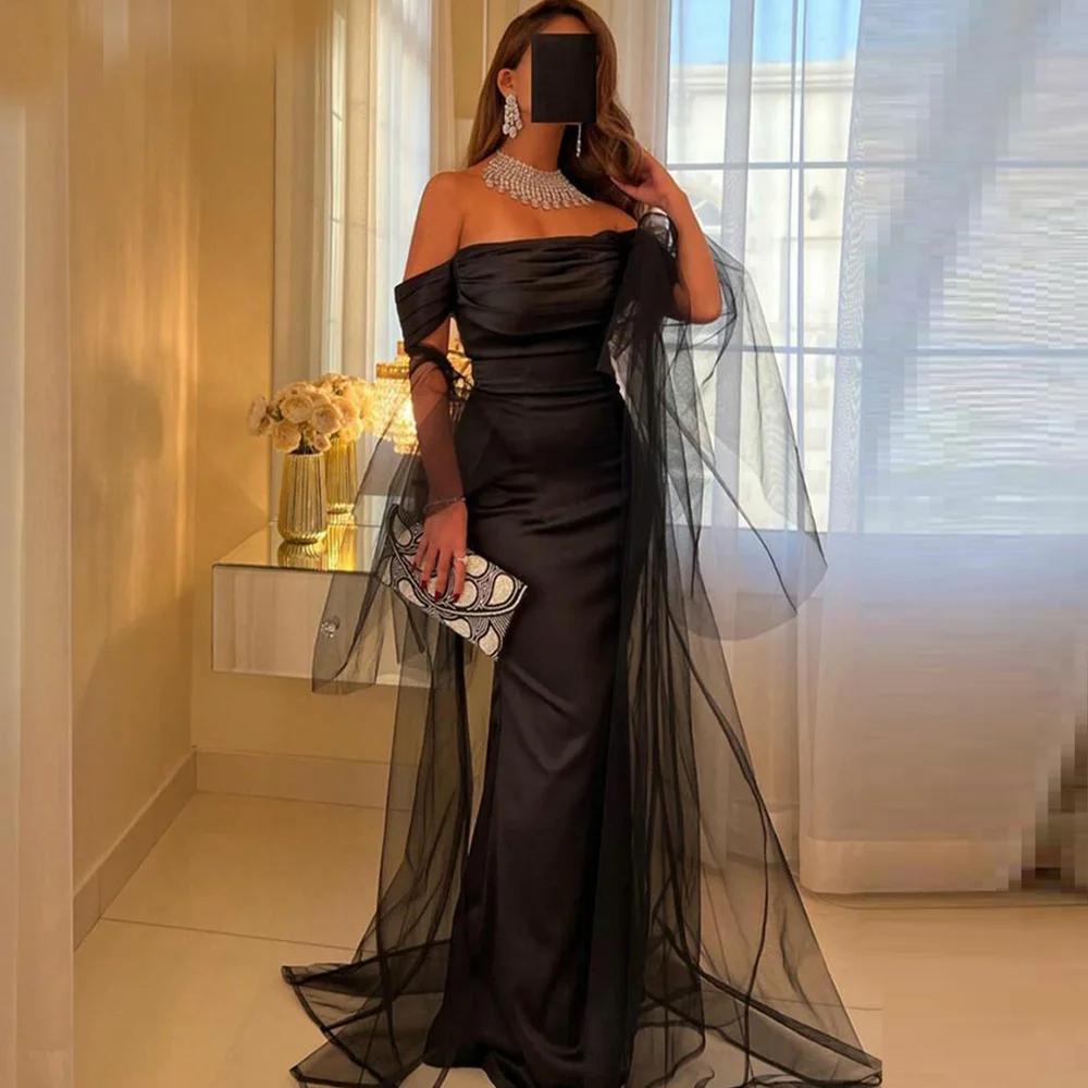 

Off The Shoulder Satin Evening Dresses Trumpet Black Party Dresses Floor Length Sexy Robes De Soirée Wedding Guest Party Gowns