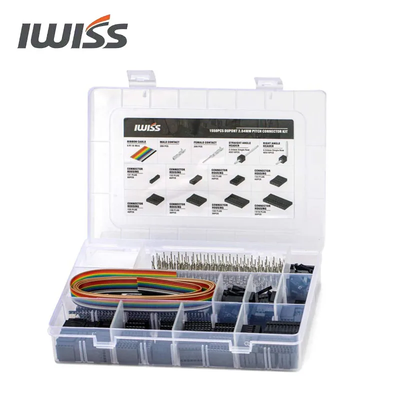 IWISS 1550PCS 2.54mm Pitch Wire-to-Wire Dupont Connector Kit, includes Pin Headers Jumper Wire