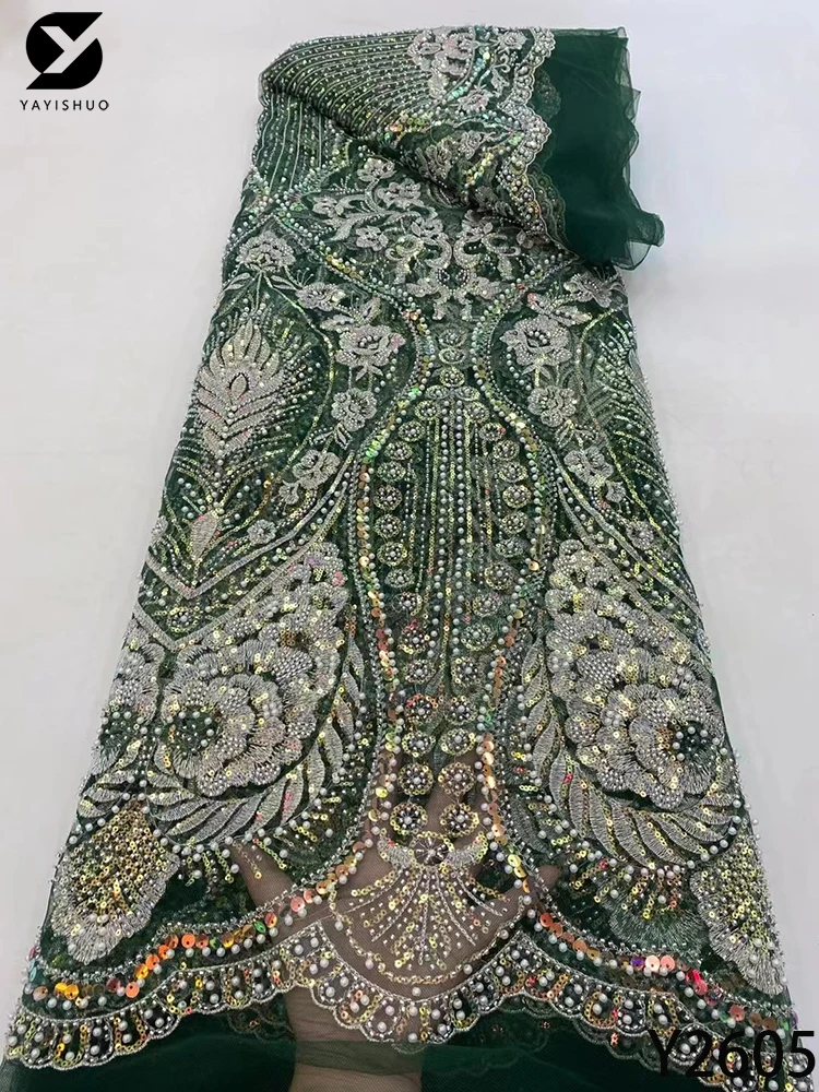 

2022 Luxurious Sequence Lace Fabrics Nigeria Lace Embroidery Mesh Lace Fabric 3D Beaded African Wedding Lace Fabric Y2605