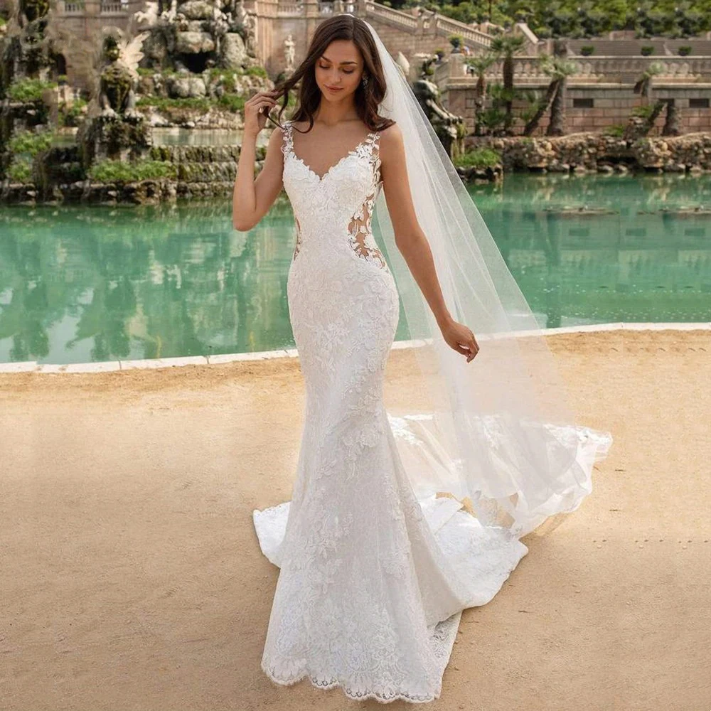 

Sexy Illusion Waistline Lace Wedding Dress Mermaid Backless Bridal Appliques Court Train Bride Dresses C2523