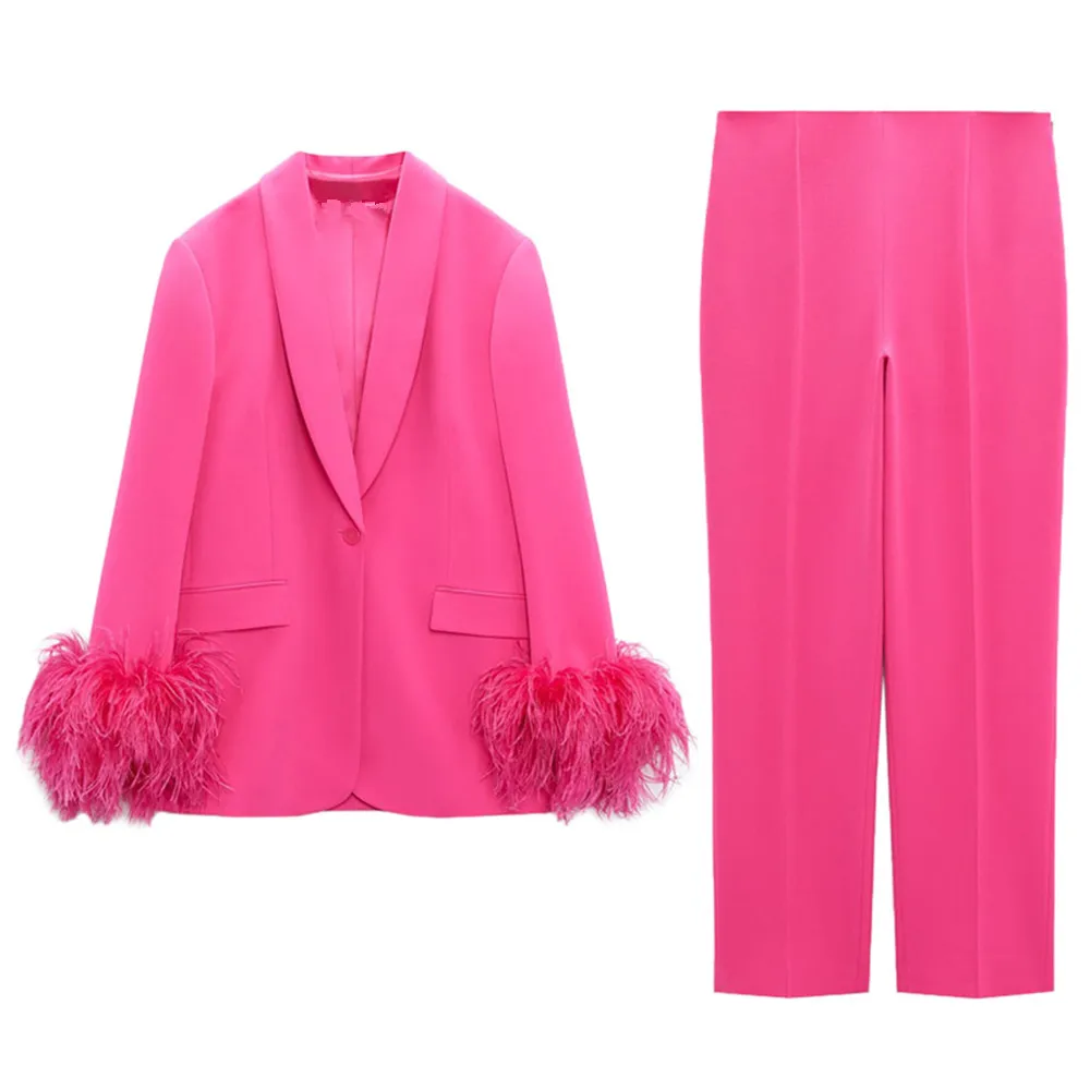 PB&ZA autumn new women's solid color wild feather straight suit jacket + temperament commuter high waist pants 8216/707