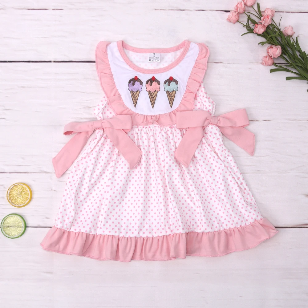 2023 Baby Girls 1-8T Dress Bow One Piece Summer Bebe Ice Cream Embroidery Clothes Bodysuit Sweet Skirt Pink Spots Outfit Toddler