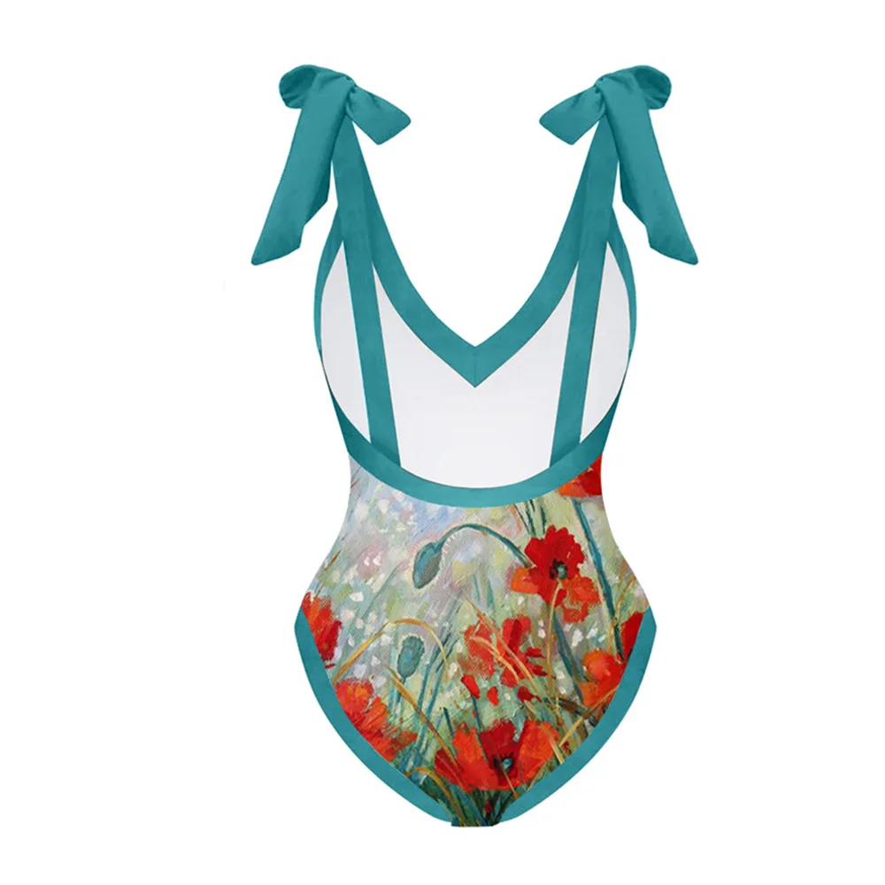 Retro V-Neck Bow Tie Bikini Suit Women's Slim Sexy Backless Beachwear High Waist Elegant Seamless Stitching 2022 Fashion New