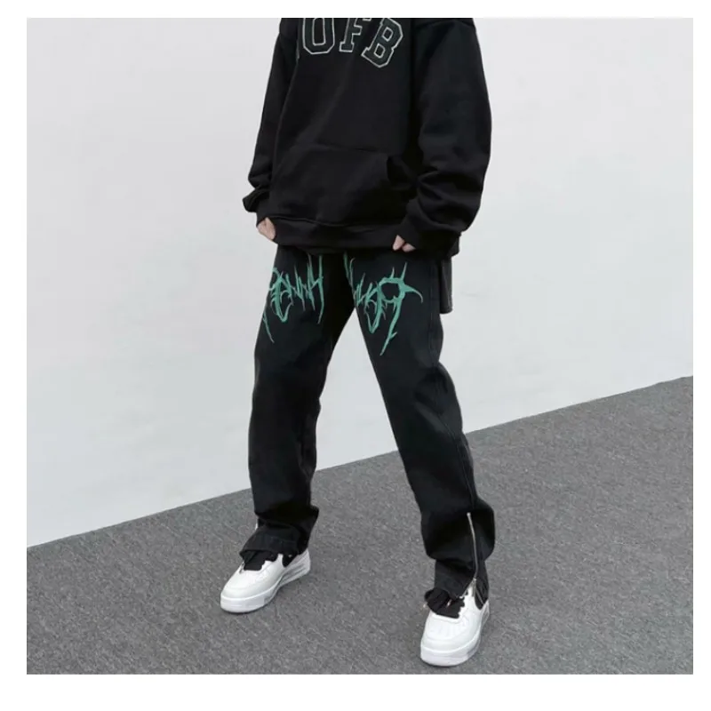 Letter Oversize Jeans Trendyol Youth Scratches Print Men 2022 Trends Clothes Woman Baggy Pants Korean Clothing Casual Streetwear