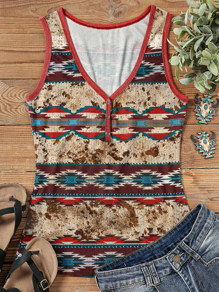 

Unique Aztec Geometric Western Snap Button Tank Top Women Vintage Sleeveless Henley Shirt Ribbed V Neck Blouse Summer Tops