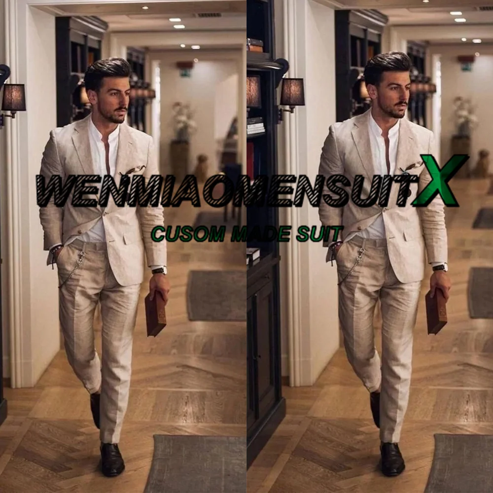 Men's Suit Linen Khaki 2 Piece Wedding Groom Tuxedo Formal Business Jacket Pants Groomsman Blazer trajes de hombre