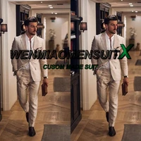 mens suit linen khaki 2 piece wedding groom tuxedo formal business jacket pants groomsman blazer trajes de hombre