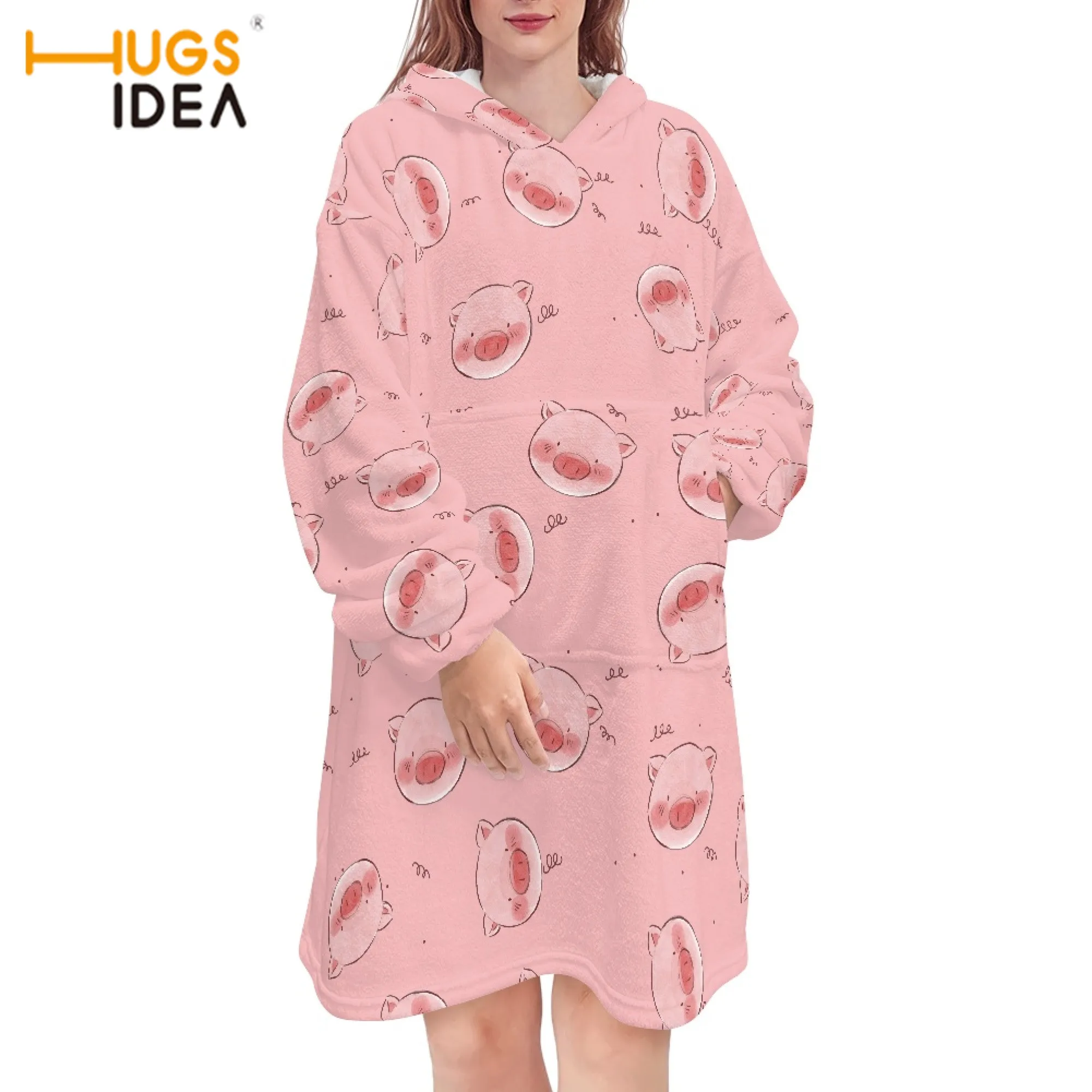 

Худи HUGSIDEA оверсайз с капюшоном для женщин и мужчин, милый узор в виде красных свиней, для помещений, сохраняющее тепло, толстое мультяшное оф...