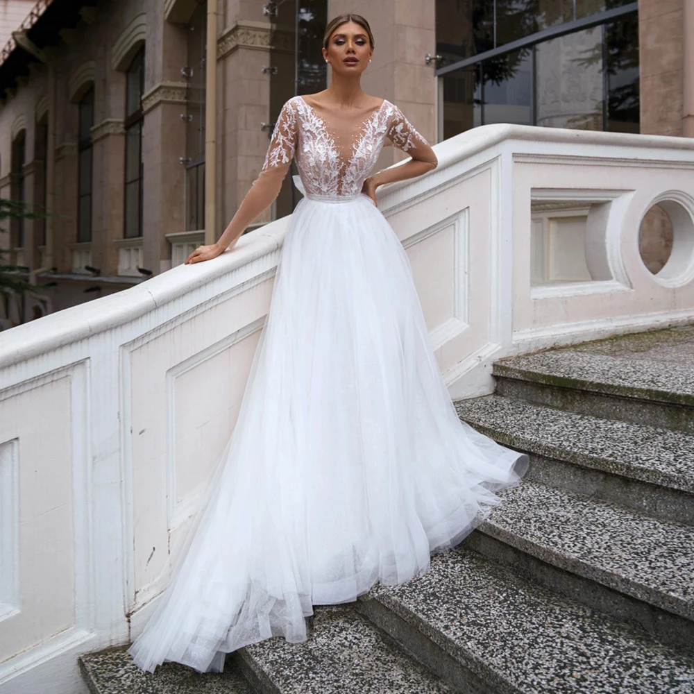 

A-Line V-Neck HY630 Wedding Dress For Women Charming Long Sleeves Backless Elegant Bridal Gowns Vestidos De Novia Floor Length