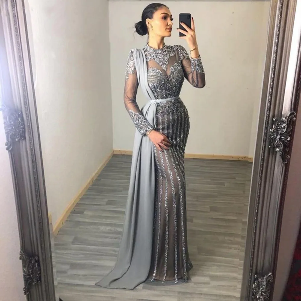 

Luxury Fill Sleeves Evening Dress O-Neck Zipper Sweep Train Formal Party Gown Beading Crystal Dresses With High Quality