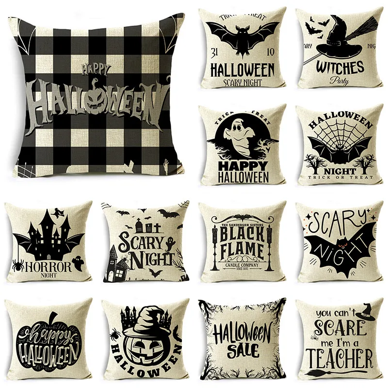 

Black and White Series Halloween Pillow Cover Bat Pumpkin Alphabet Festive Decoration Sofa Cushion Cover 40*40cm/45*45cm/50*50cm