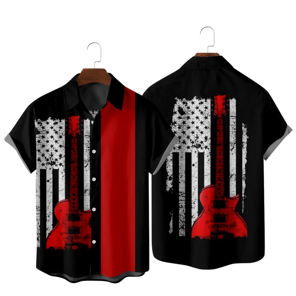 

2022 American Guitar Music Vintage Print Shirt, Fashion Casual Resort Art Hawaiian Beach Style, Men's Summer Pocket Shirt