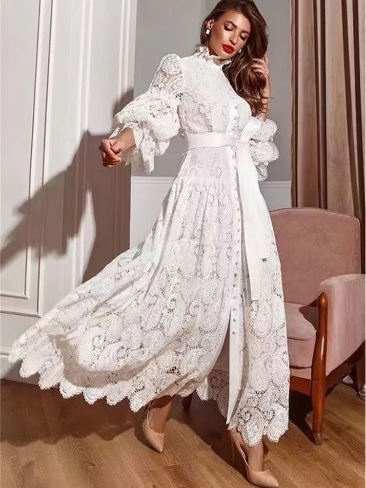Early Spring Fashion Brand Retro Design Standing Neck Lantern Sleeve Single Breasted Large Swing Cut Out Lace Long Dress