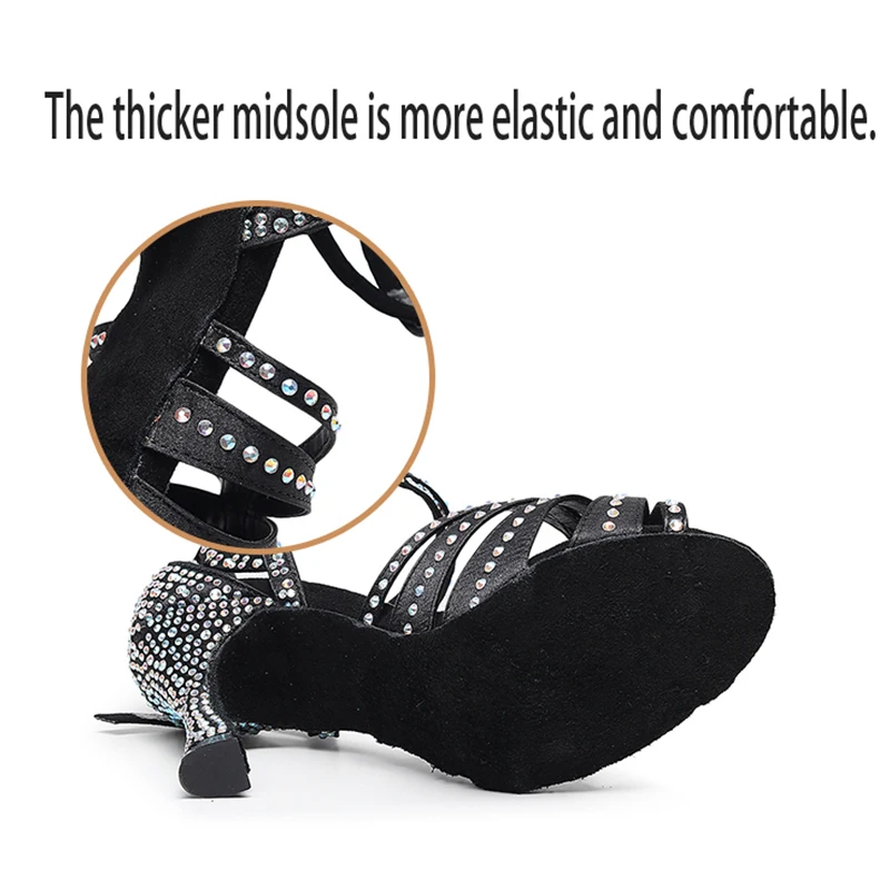 Woman Black Nude Nude Strappy Knot Crystal Latin Performance Dance Shoes Suede Sole Ballroom Salsa Dancing Shoes 3.5 Heel