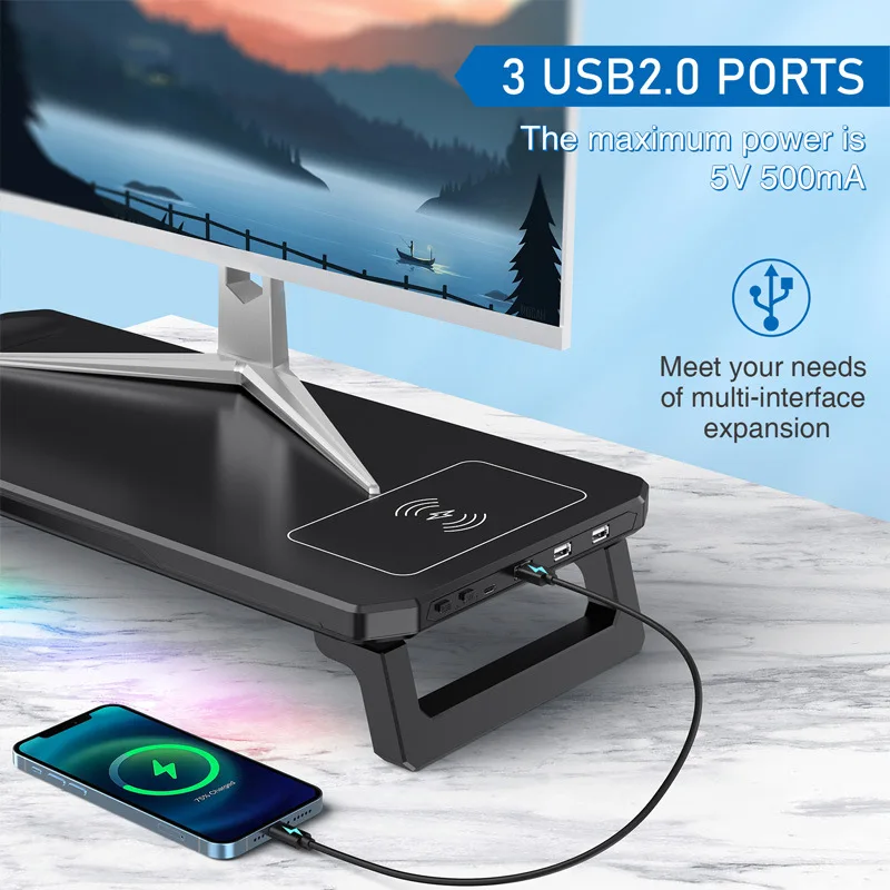 Фото Подставка для настольного монитора RGB с 3 портами USB 2.0, перезаряжаемая, с подсветкой, универсальная подставка для ноутбука, стеллаж для хранения №3
