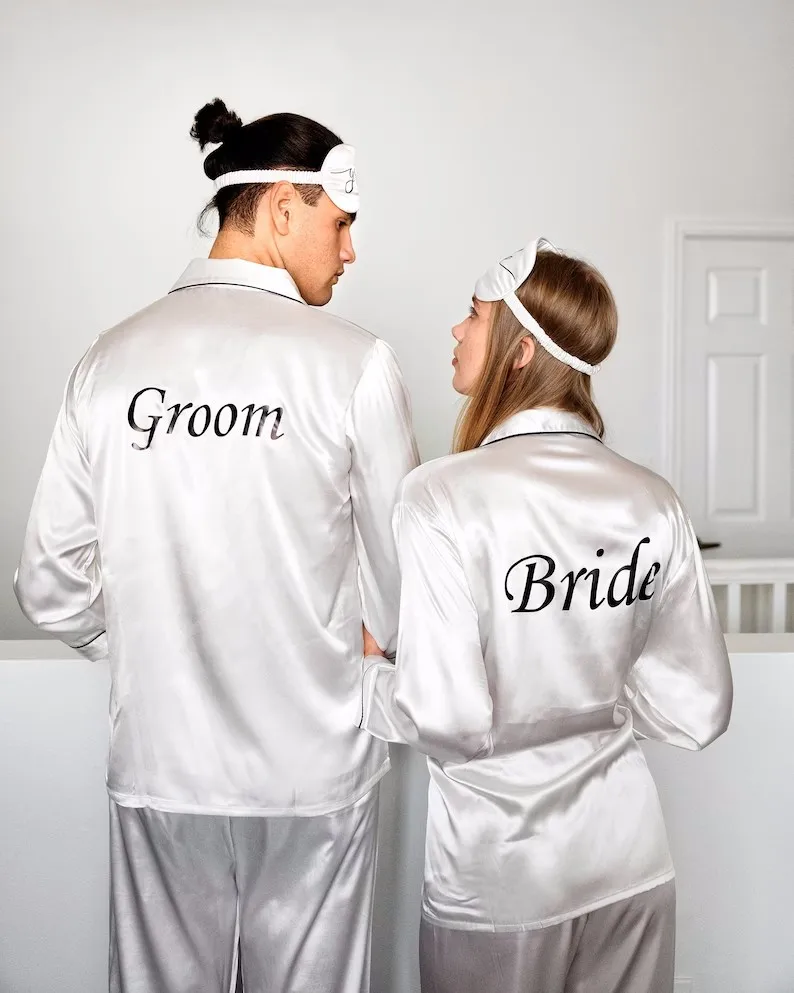 Couple Pajamas Short Sleeve + Pants Honeymoon Gift Customized Couple Silk Pajamas Groom And Bride Pjs Personalized Sleepover Set