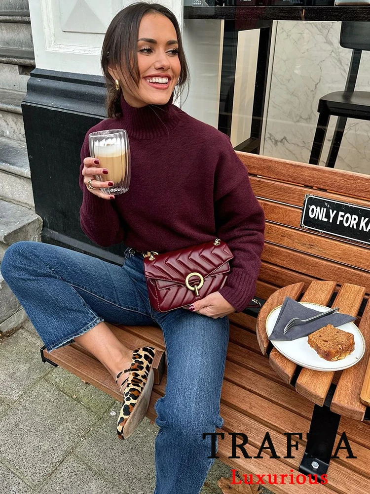 TRAFZA винтажный шикарный женский свитер однотонный вязаный свободный с круглым