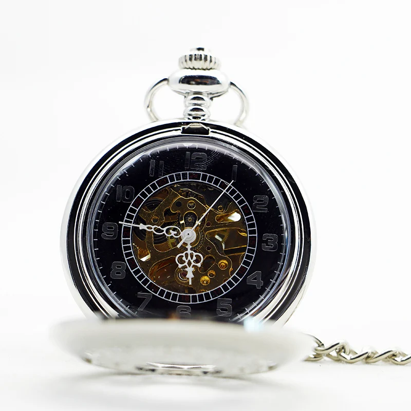 Silver/Bronze Charm Vintage Mechanical Pocket Watch Skeleton Hollow Engraving Hand Wind Fob Watch Chain Gift Clock