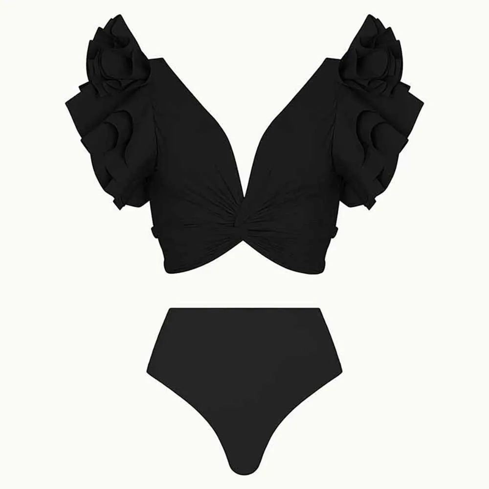 Solid Ruffle V-Neck Bikini Slim Fit Sexy Swimsuit Two-Piece Cross Straps Beachwear High Waist And Belly Plus Size 2022