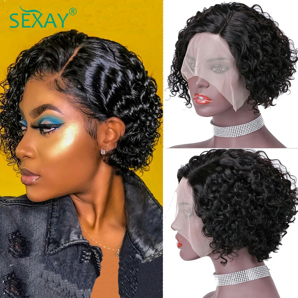 

Sexay Pixie Cut Wig 13x4x1 Transparent Lace Wig 155G Brazilian Bouncy Curly Hair Side Part Short Human Hair Wigs For Black Women