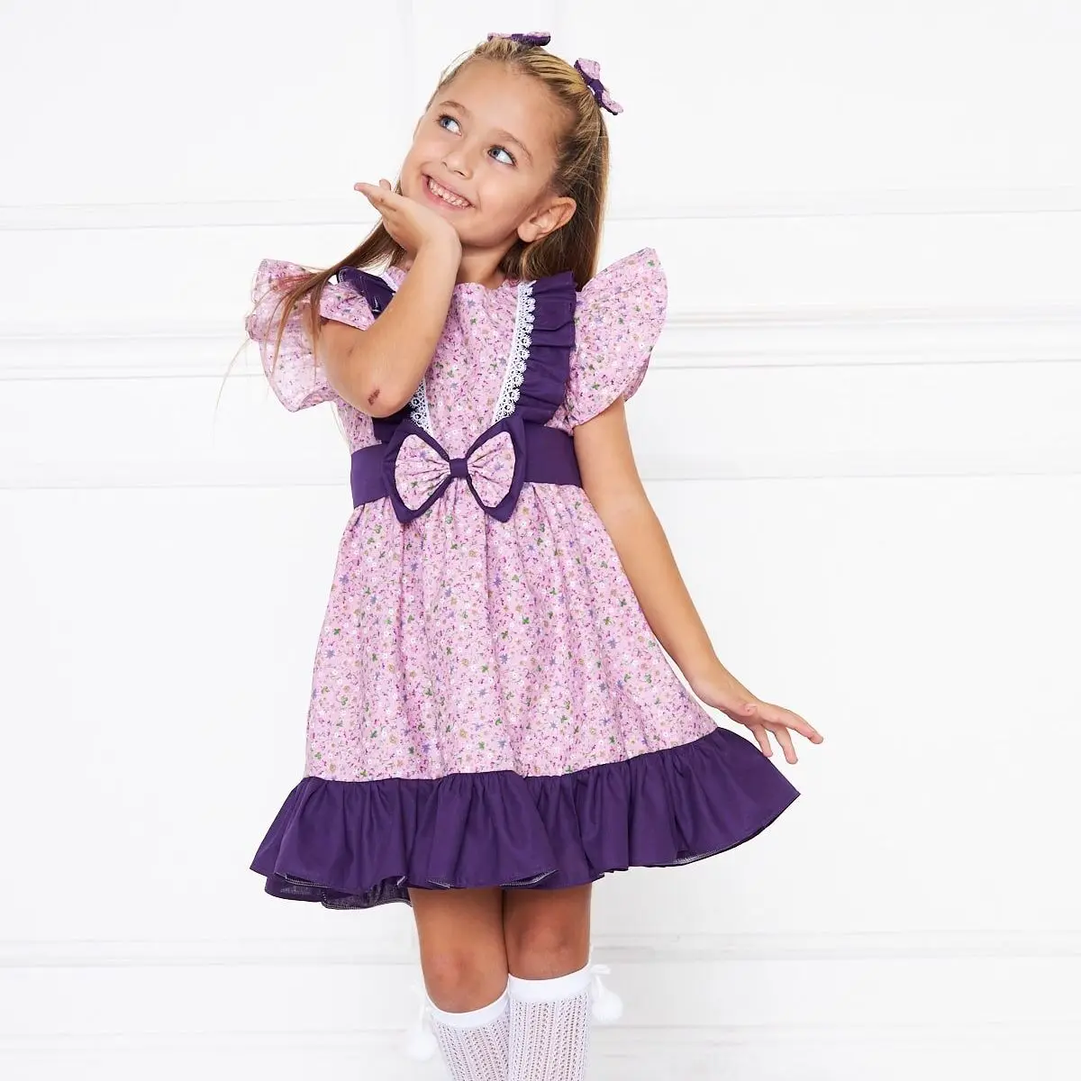 

Baby Girl Violet & Pink Floral Dress 0-9 Years Lace Pom Pom Bow Cute Princess Elegant Style Birthday Party Cotton Material