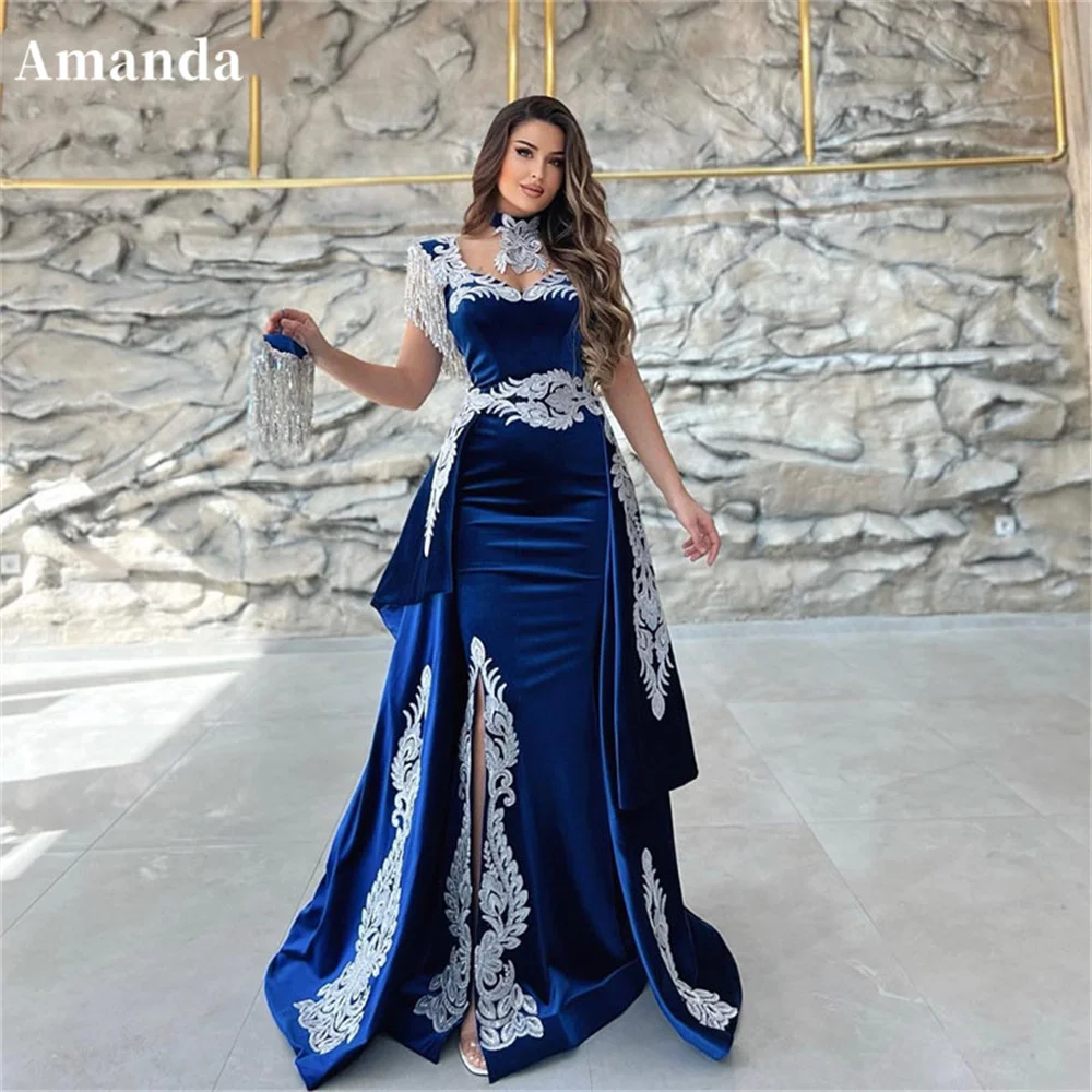 

Amanda Sapphire Blue ستان سembroidery Серебряная вышивка, ТРАПЕЦИЕВИДНОЕ платье для выпускного вечера, вечерние ное вечернее платье с Боковым Разрезом, вельветовое вечернее платье