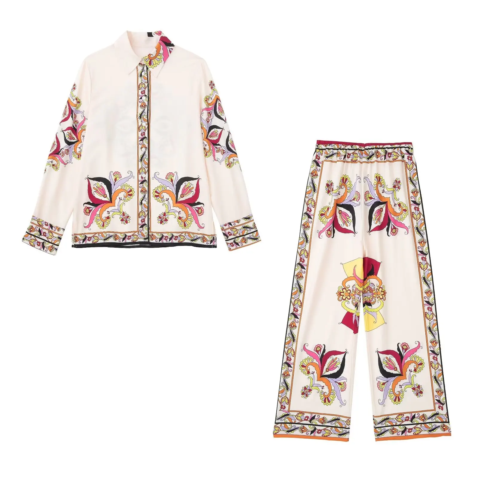 

Clothland Women Fashion Floral Print White Blouse Suit Long Sleeve Shirt Long Troursers Pants Chic Two Piece Set TZ682