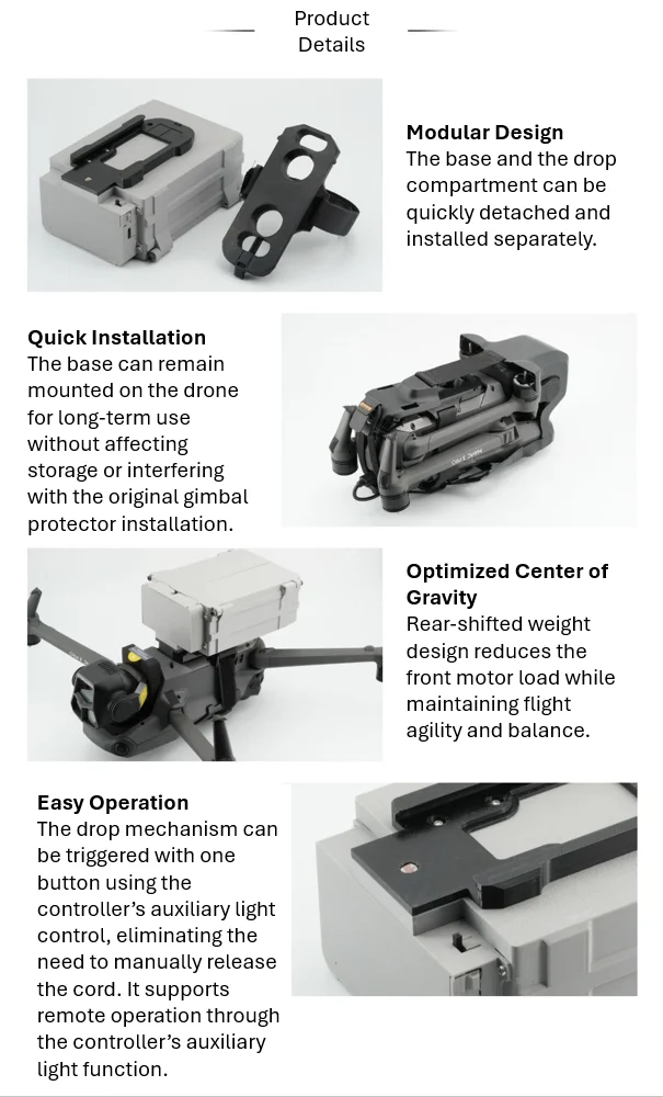 Фото Система сброса груза для дронов DJI Mavic 3, Mavic 4, Air3S: устройство для сброса полезной нагрузки, рыбалки, свадеб, спасательных операций, доставки, метательный модуль №2