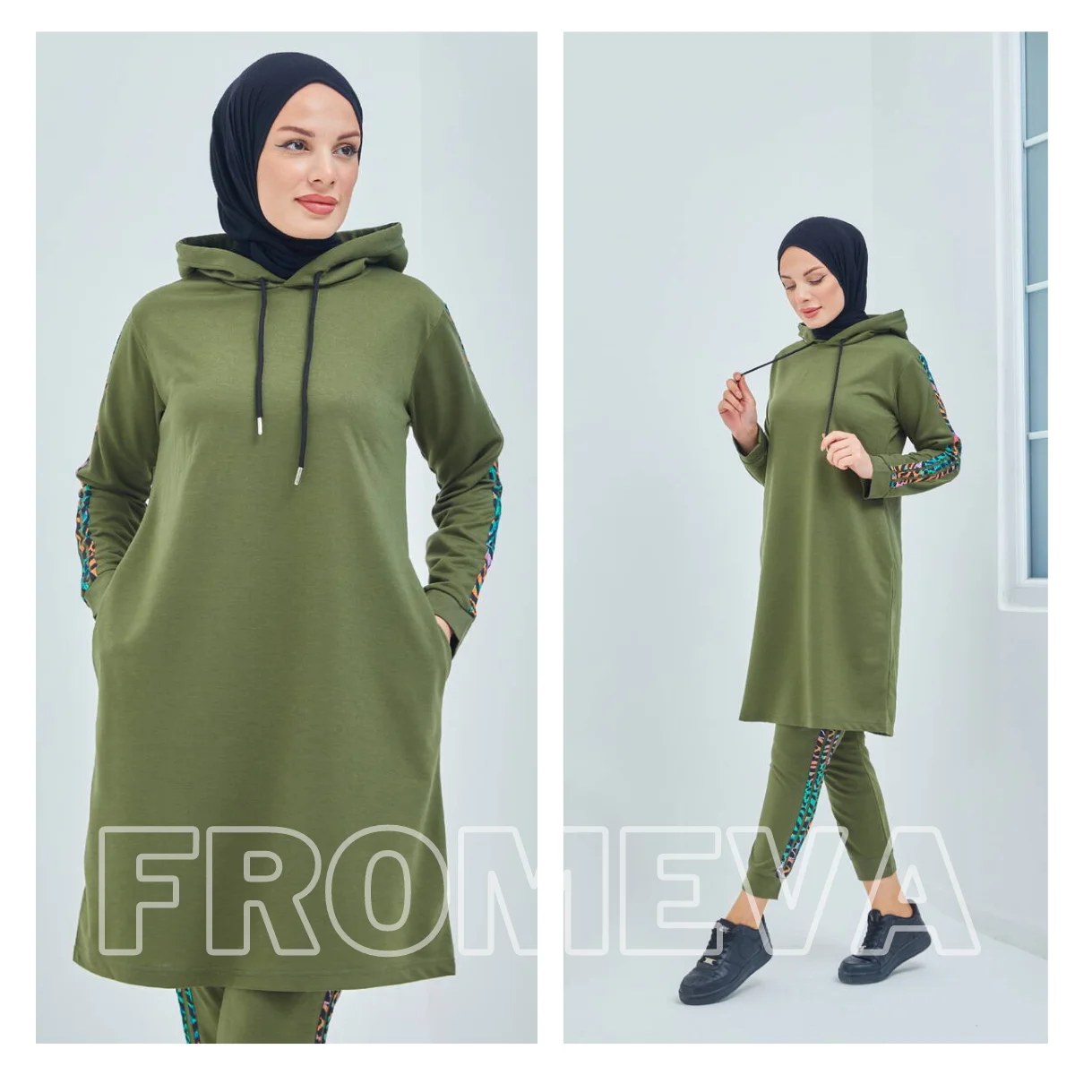 

Camouflage Stripe Hooded Tracksuit Set With Pockets Long Elastic Sleeve Muslim Fashion Women Hijab Clothing Seasonal New Season
