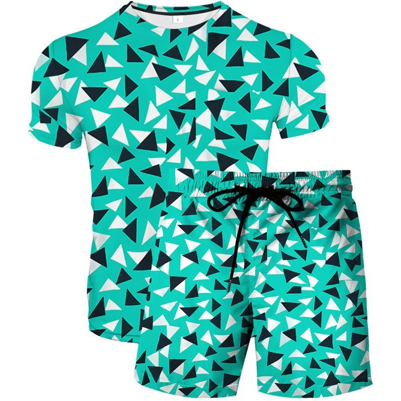 

Summer Trend New Men's Casual Breathable Suit 3D Round Neck Large Size Fashion Art Print Short-Sleeved Shorts Two-Piece Set