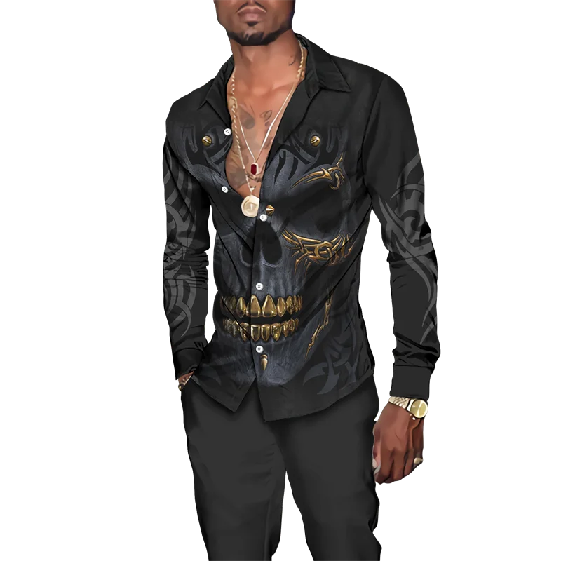 Крутая Готическая Мужская рубашка с 3D-принтом черепа на пуговицах отложным
