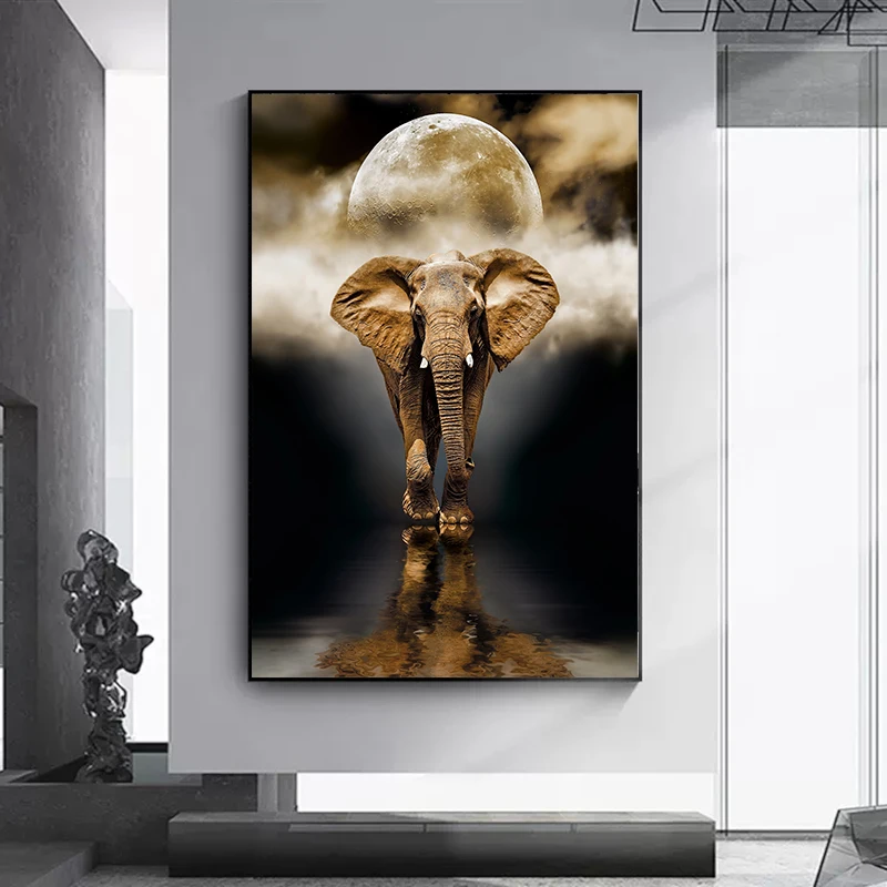 

Abstract Africa Elephant Moon Oil Painting Retro Canvas Painting Wild Animal Wall Art Poster For Living Room Home Decoration