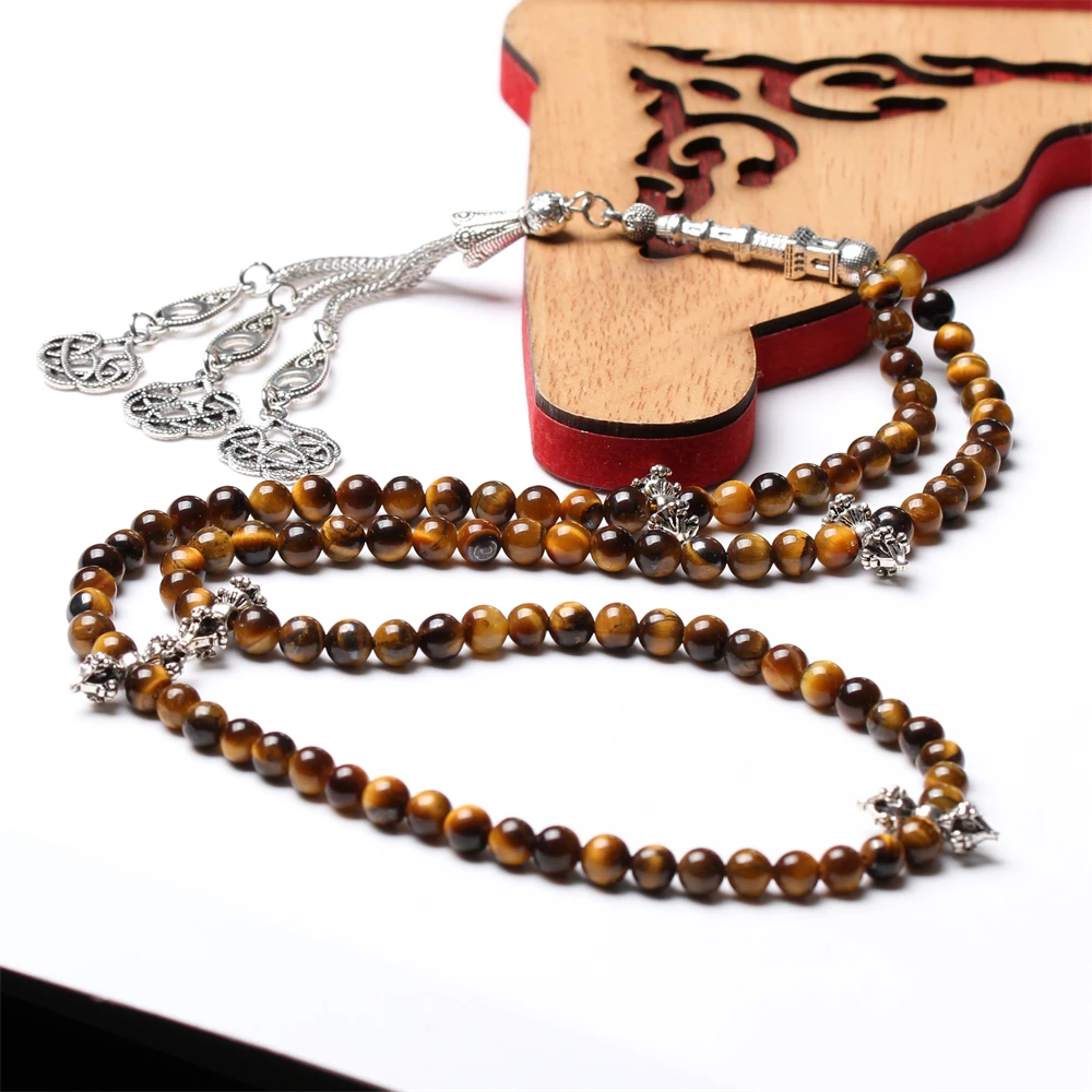 

99 beads Tasbih Natural tiger eye stone silver metal tassel Muslim Fashion prayer beads arabia jewelry islamic rosary misbaha