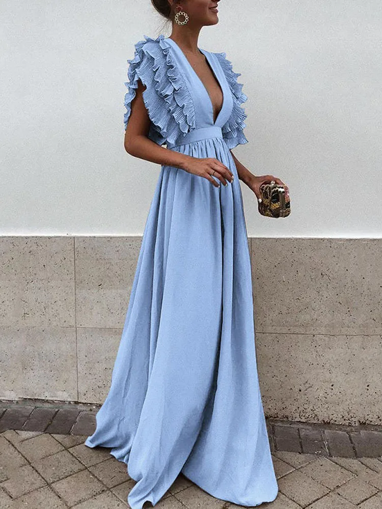 Sexy Dress V-Neck Ruffle Sleeve Long Dress Birthday Party Dress