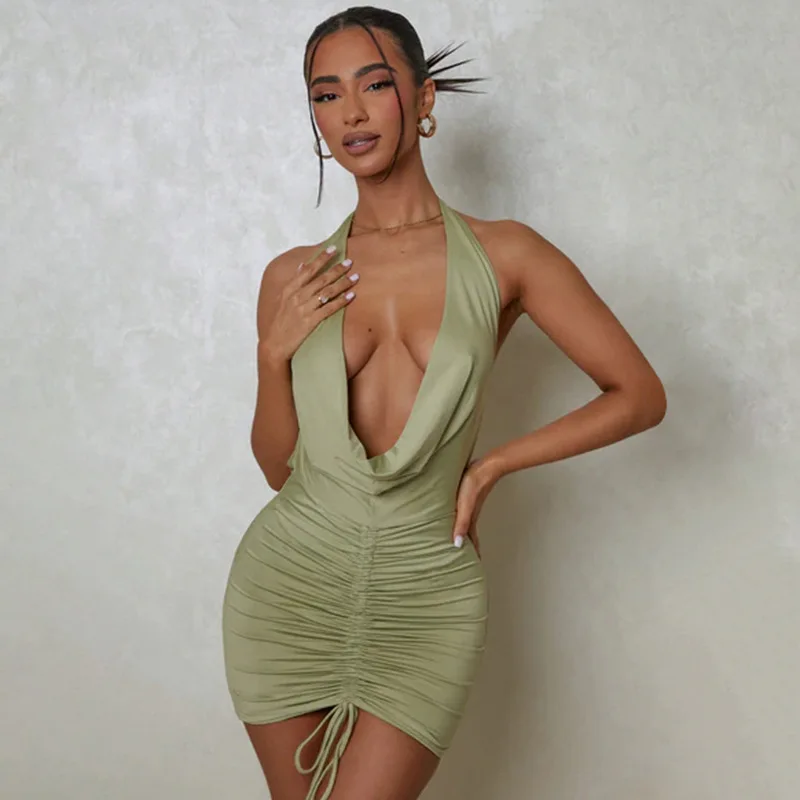 

Y2k зеленое платье с открытой спиной и заниженной талией, асимметричные облегающие мини-платья с рюшами и глубоким V-образным вырезом, женские сексуальные Клубные наряды